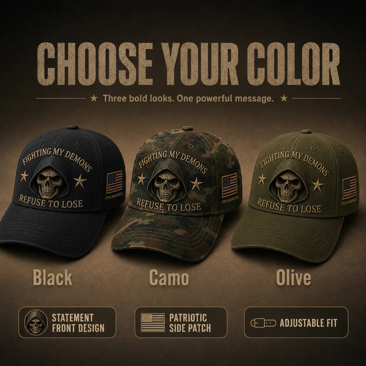 🔥 Father’s Day Sale - ❤️ “Fighting My Demons” PTSD Awareness Embroidered Cap 🇺🇸 – Refuse To Lose Edition 🖤💀