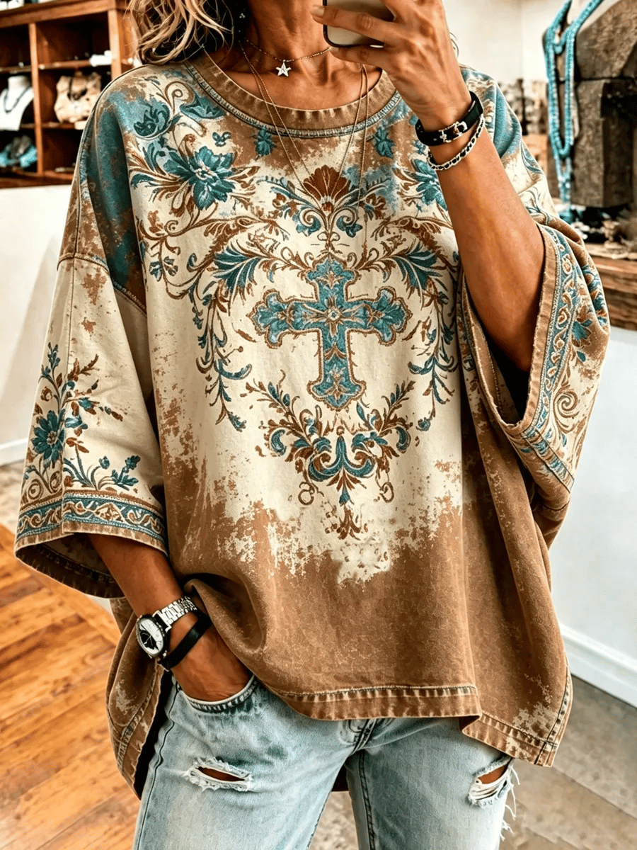 Women's Retro Western Style Cross Faith Print T-shirt