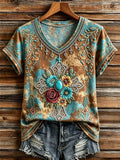 Women's Western Vintage Turquoise Cross & Floral V-Neck T-Shirt