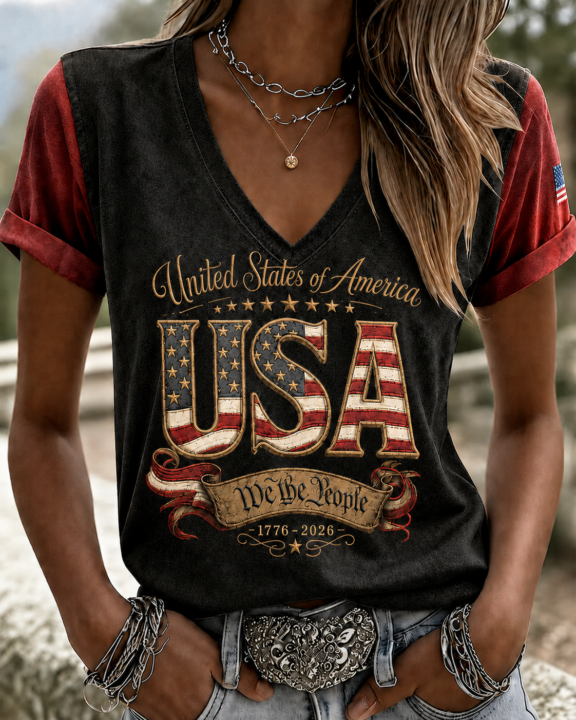 Women'S Retro Flag Art Printed Casual Short Sleeved T-Shirt