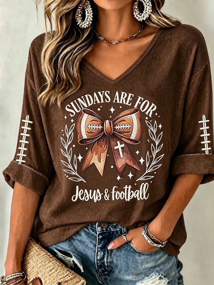 Women's Football And Jesus Faith Print Waffle T-shirt