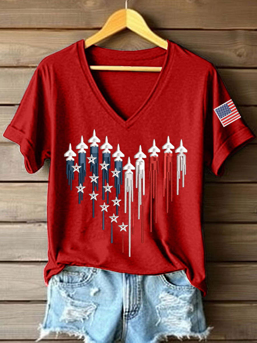 Women's 250th Anniversary Embroidery Pattern V-Neck T-Shirt