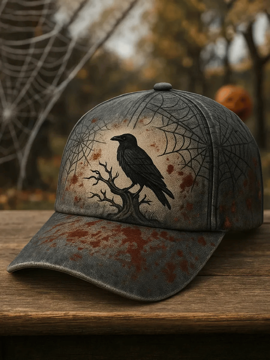 Vintage Halloween Crow Bloodstain Print Hat