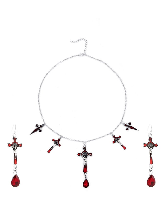 Halloween Gothic Dark Cross Bat Necklace Earring Set