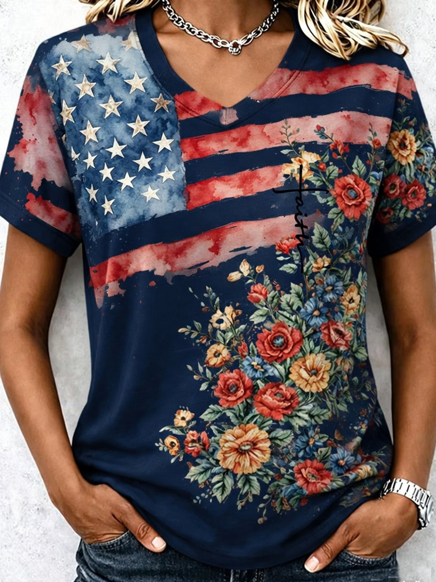 Women's Casual American 250th Anniversary Print V-Neck T-Shirt
