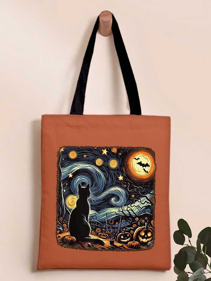 Retro Halloween Van Gogh Starry Night Cat Pumpkins Print Bag
