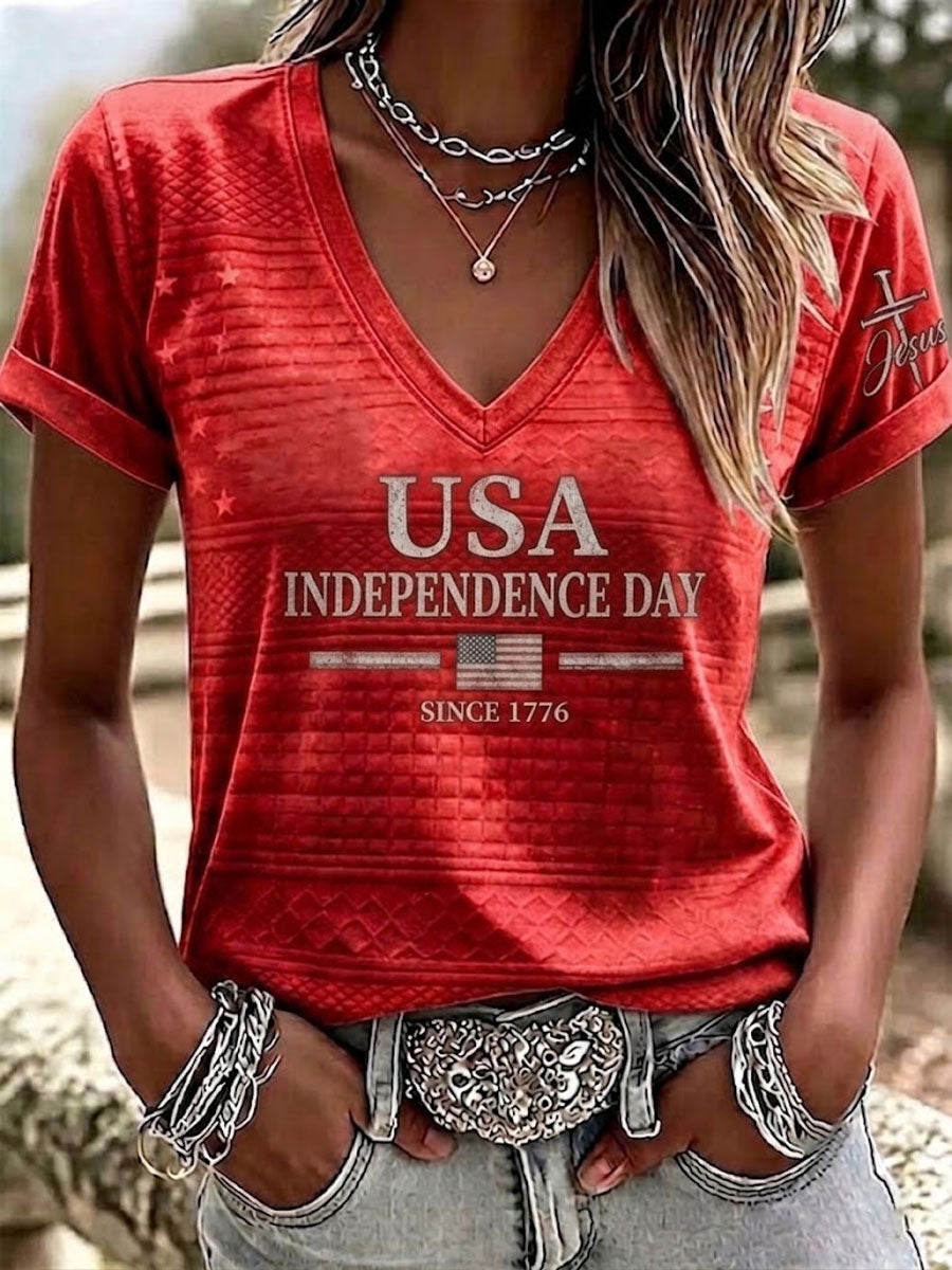 Women'S America Flag  Faith Print Casual V-Neck T-Shirt