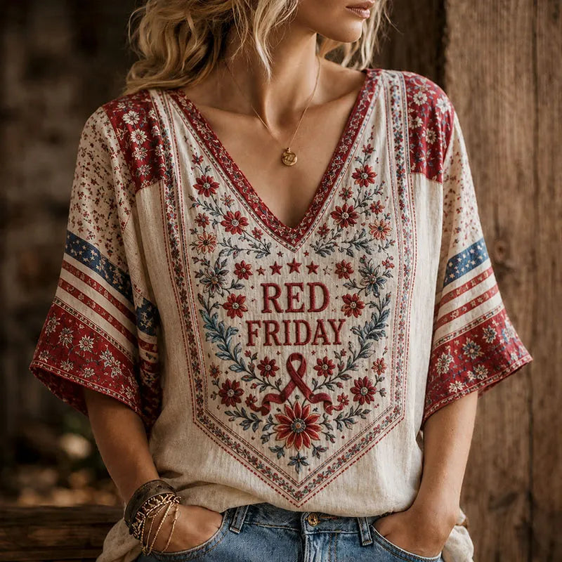 Red Friday Patriotic Vintage Floral Patchwork V-Neck Shirt for Women