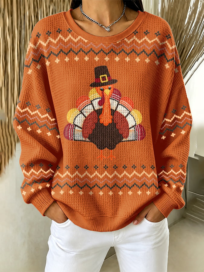 Women's Casual Printed Waffle Long-Sleeve Top