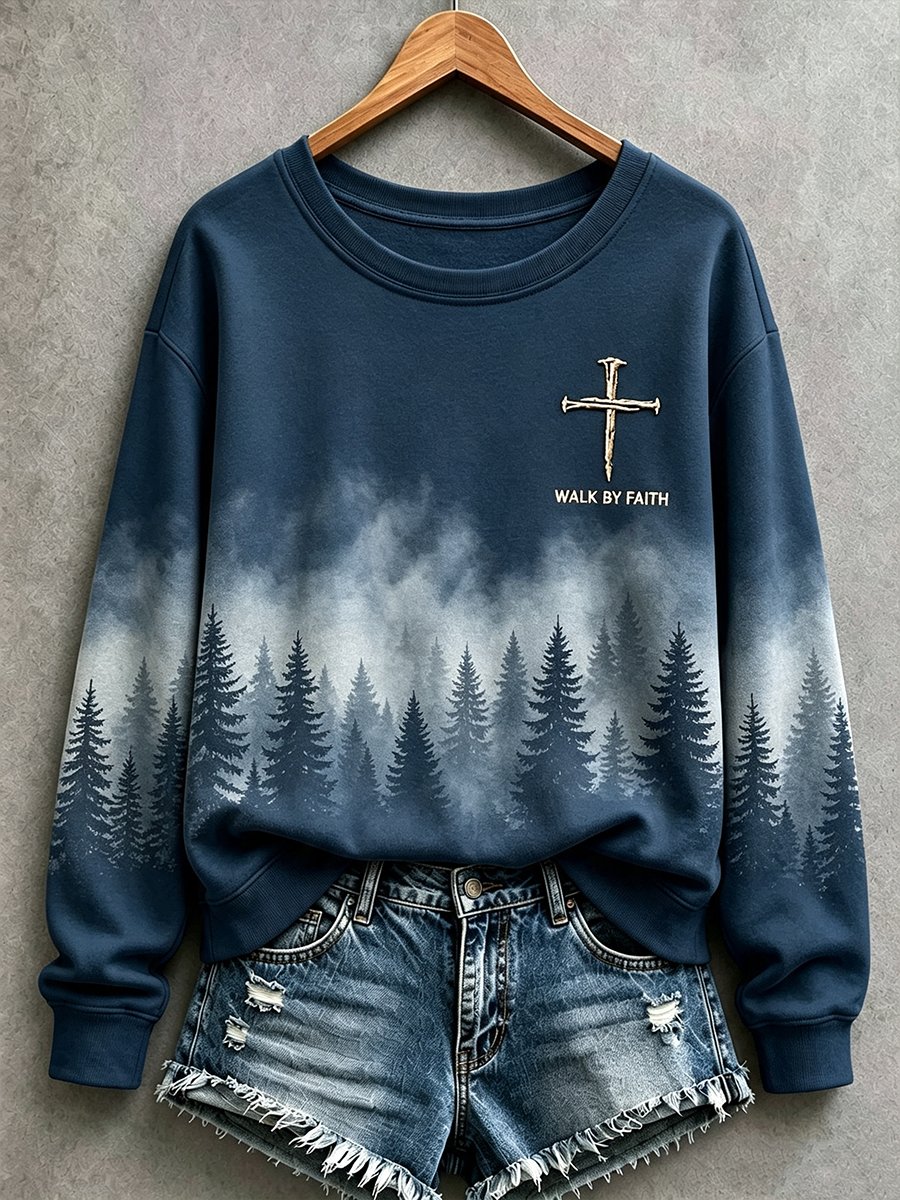Women's Casual "Faith" Cross-Print Sweatshirt