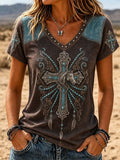 Women's Western Retro Cross Horse Head V-Neck Short Sleeve