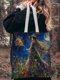 Witch And Flowers Under The Full Moon Art Print Canvas Bag