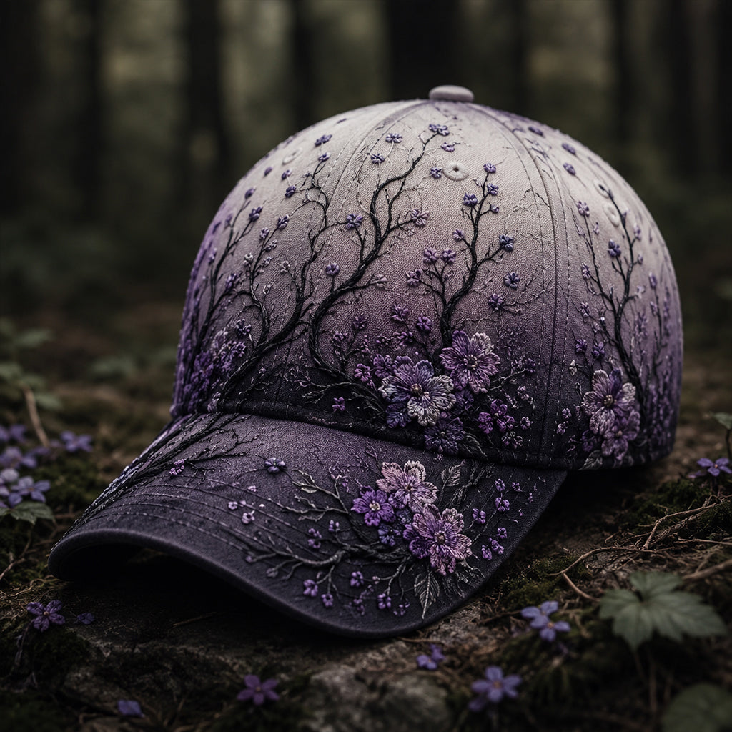 Mystic Purple Wildflower Baseball Cap, Dark Forest Floral Embroidered Hat