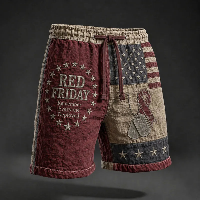 RED FRIDAY Remember Everyone Deployed Vintage American Flag Patchwork Shorts