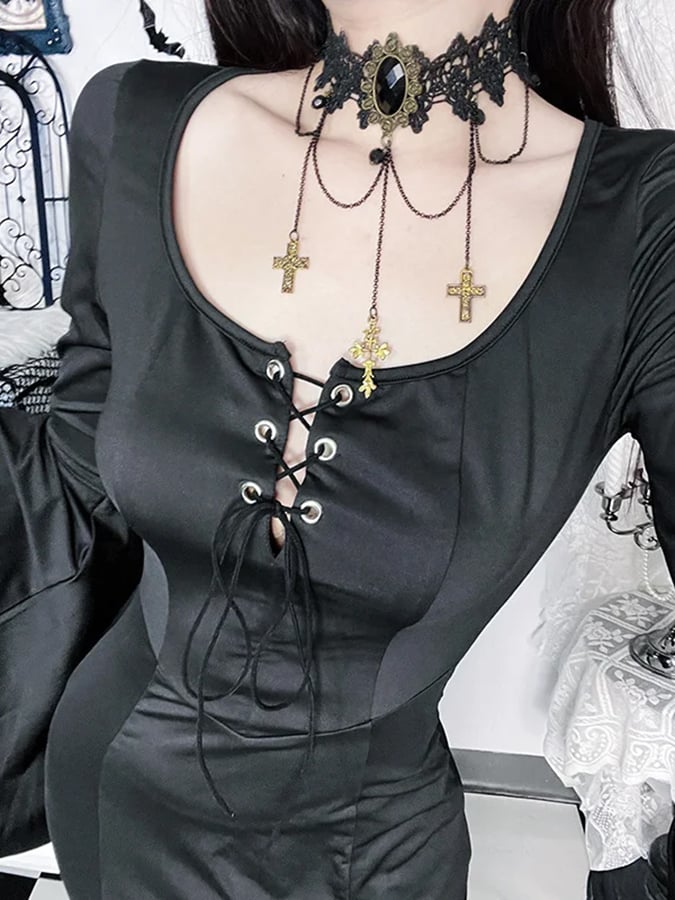 Women's Adam Family Style Gothic Tie Neck Bell Sleeve Mermaid Hem Dress