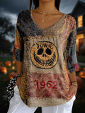 Women's Halloween Retro Pumpkin Emoticon Print Top