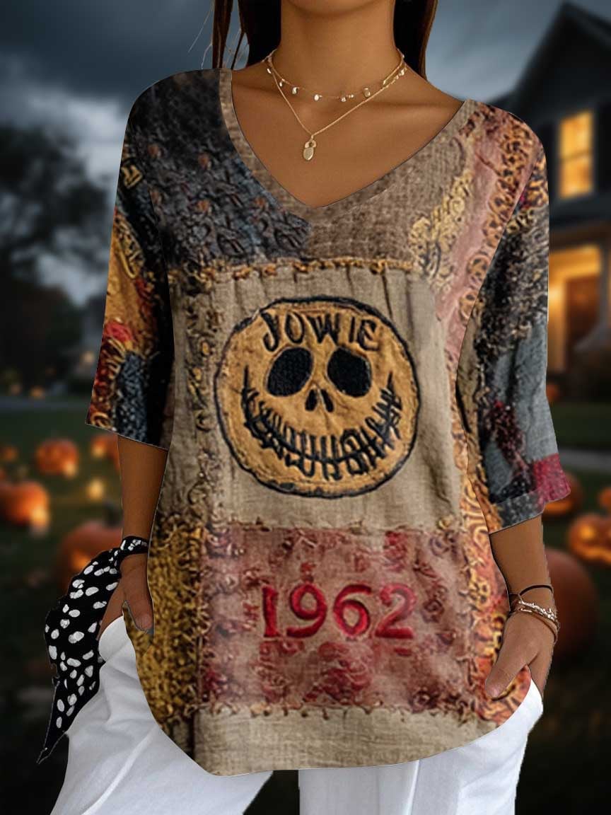 Women's Halloween Retro Pumpkin Emoticon Print Top