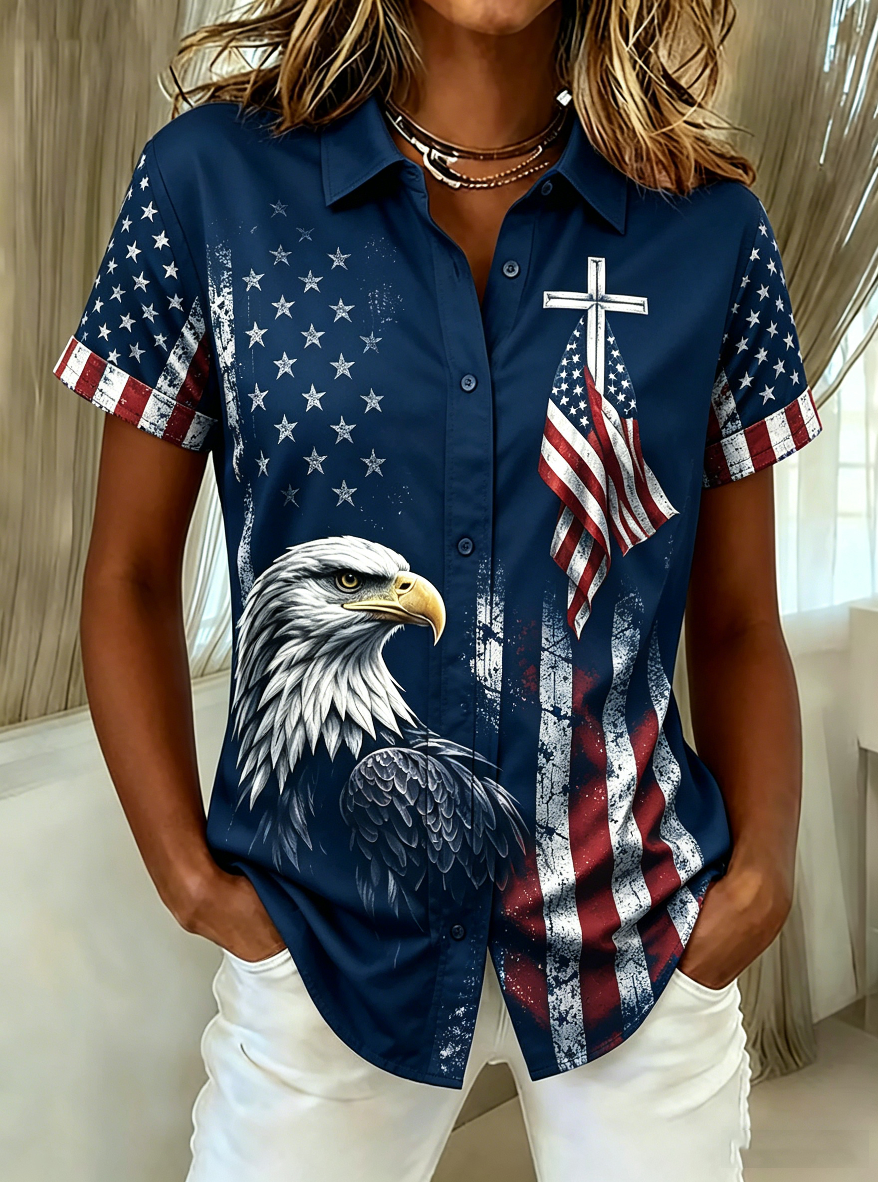 A Shirt With Floral Embroidery Flag Print And Short Sleeves In The Western United States