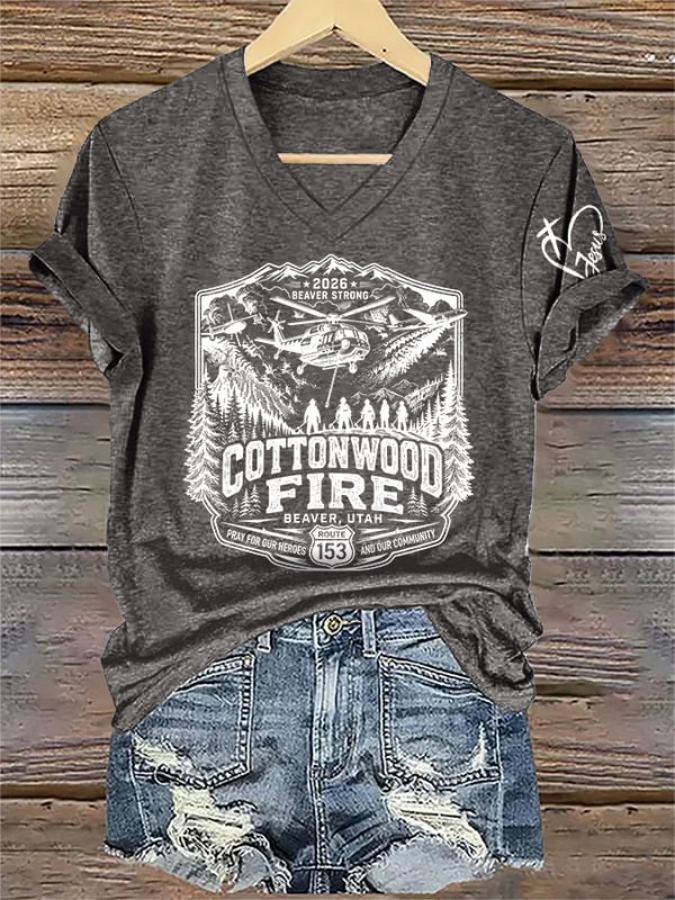 V-Neck Retro 2026 Beaver Strong Cottonwood Fire, Beaver, Utah - Pray For Our Heroes And Our Community Route 153 Print T-Shirt