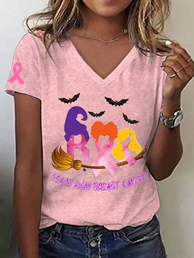 Women's Breast Cancer Awareness Boo Cancer Ribbon Witch Broom Print T-Shirt