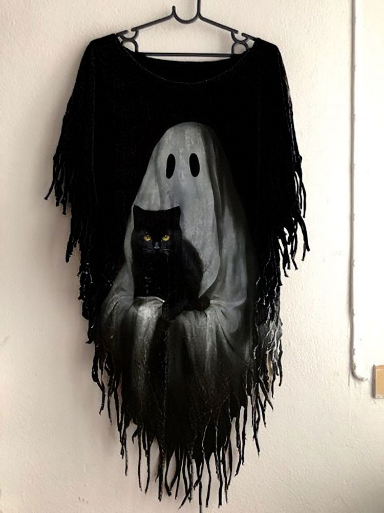 Women's Funny Halloween Spooky Boos Black Cat Fringed Top