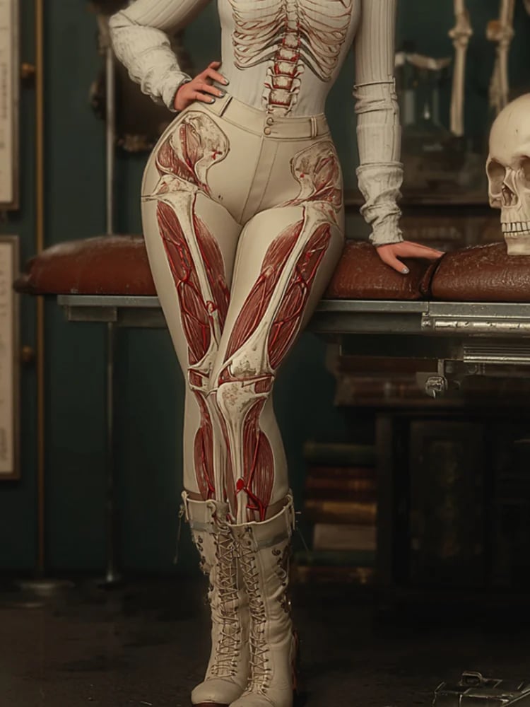 Women's Vintage Halloween Human Anatomy Art Realistic Print Imitation Jeans