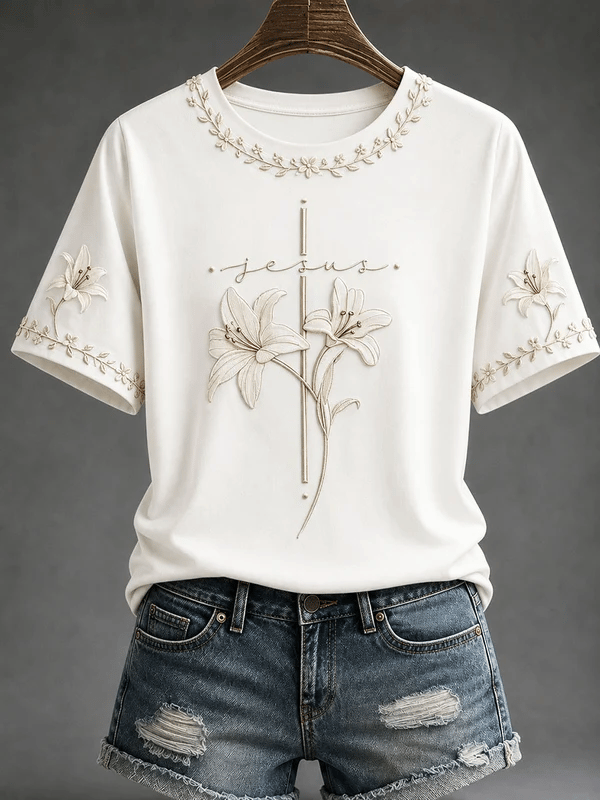 Women's  Retro Jesus"Christian Faith Floral  Print T-shirt