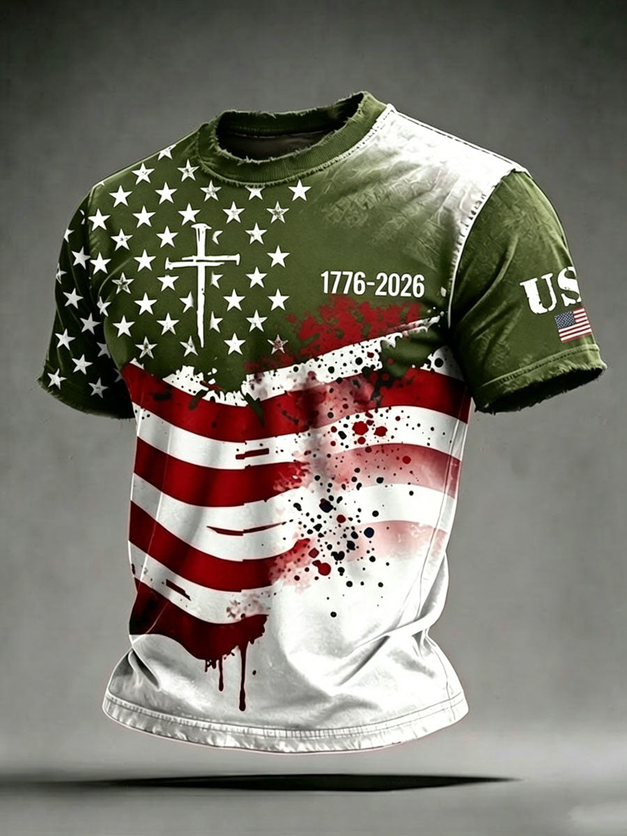 Men'S 250Th Anniversary American Flag Cross Printed Retro T-Shirt