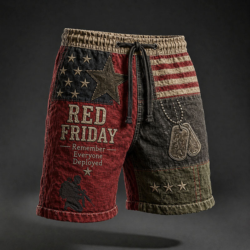 RED FRIDAY Remember Everyone Deployed Vintage Patriotic Patchwork Drawstring Shorts