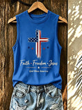 Women'S Faith Freedom Jesus Vintage American Flag Cross Tank Top