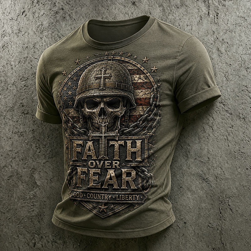 Faith Over Fear Skull Military Patriotic Graphic T-Shirt