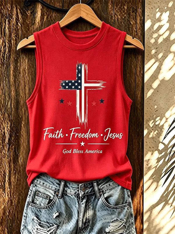 Women'S Faith Freedom Jesus Vintage American Flag Cross Tank Top