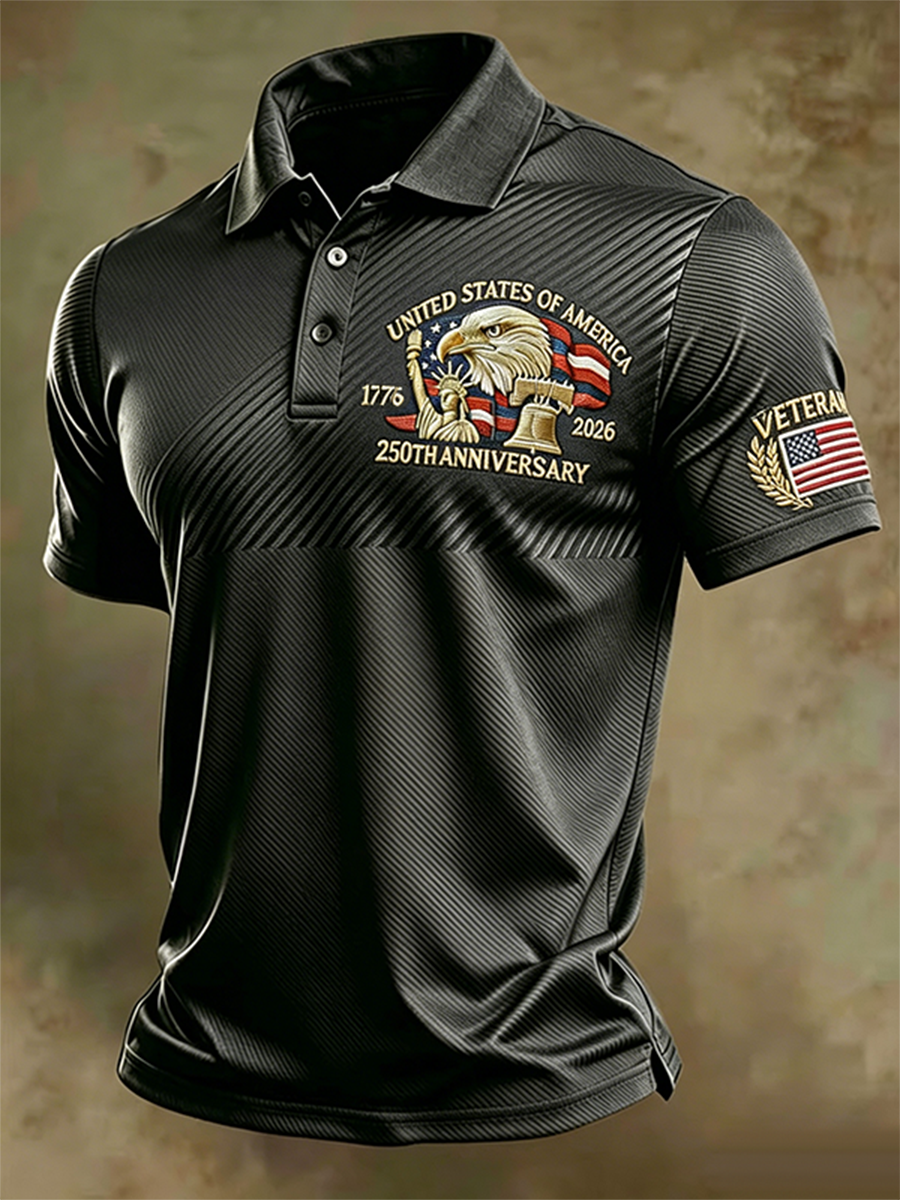 Men's USA 250th Anniversary 1776-2026 Eagle Veteran American Flag Patriotic Casual Polo Top