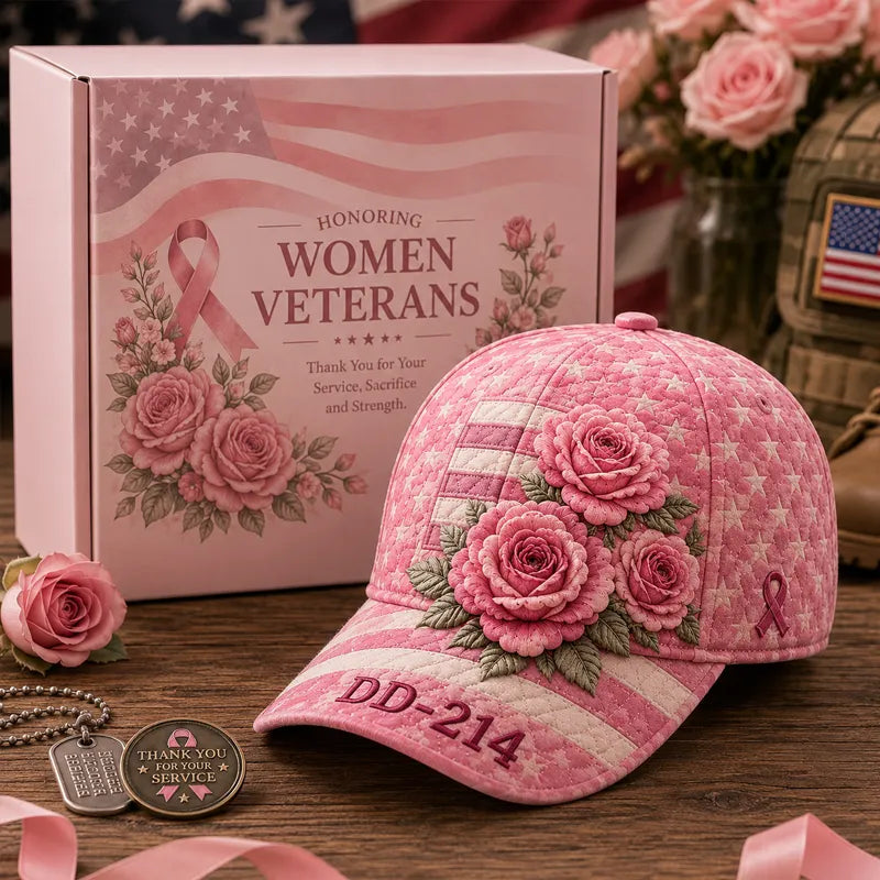 Women Veteran Pink Rose Art Print Baseball Cap