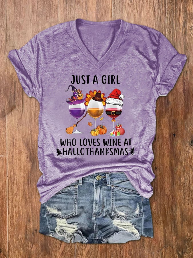 Women's Just A Girl Who Loves Wine At Hallothanksmas Print V-Neck T-Shirt