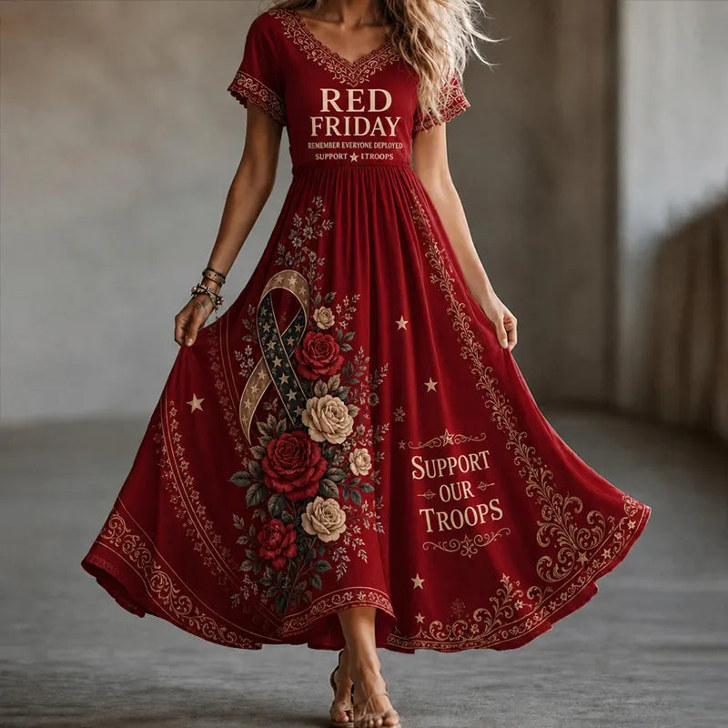Red Friday Art Print V-neck Maxi Dress