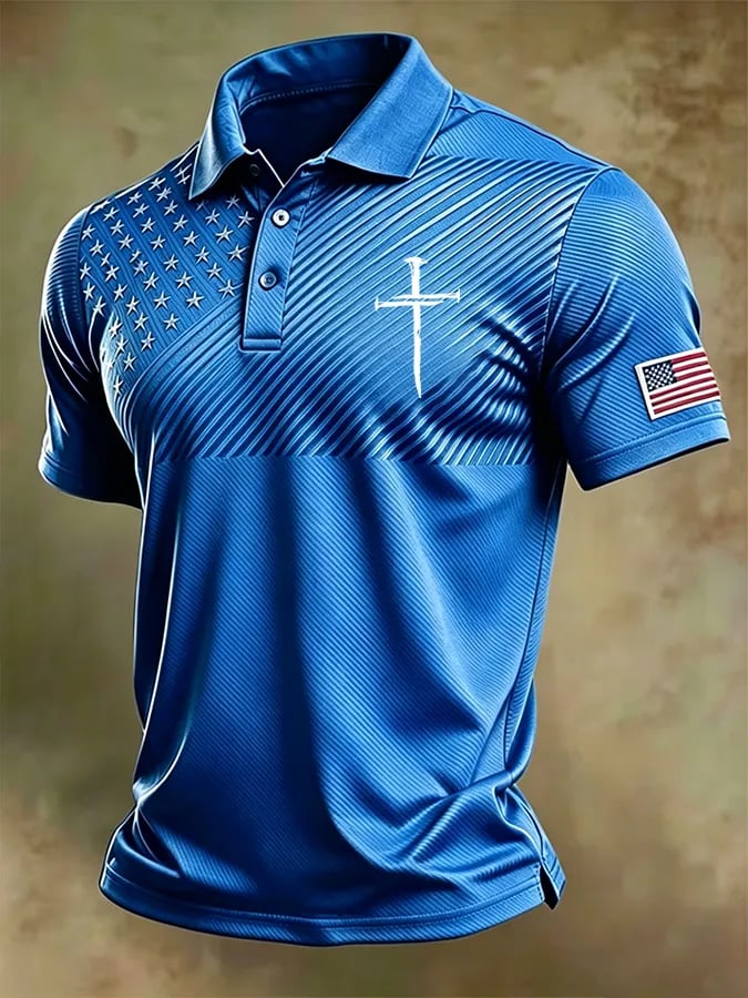 Men'S National Flag And Cross Print Casual Polo Shirt