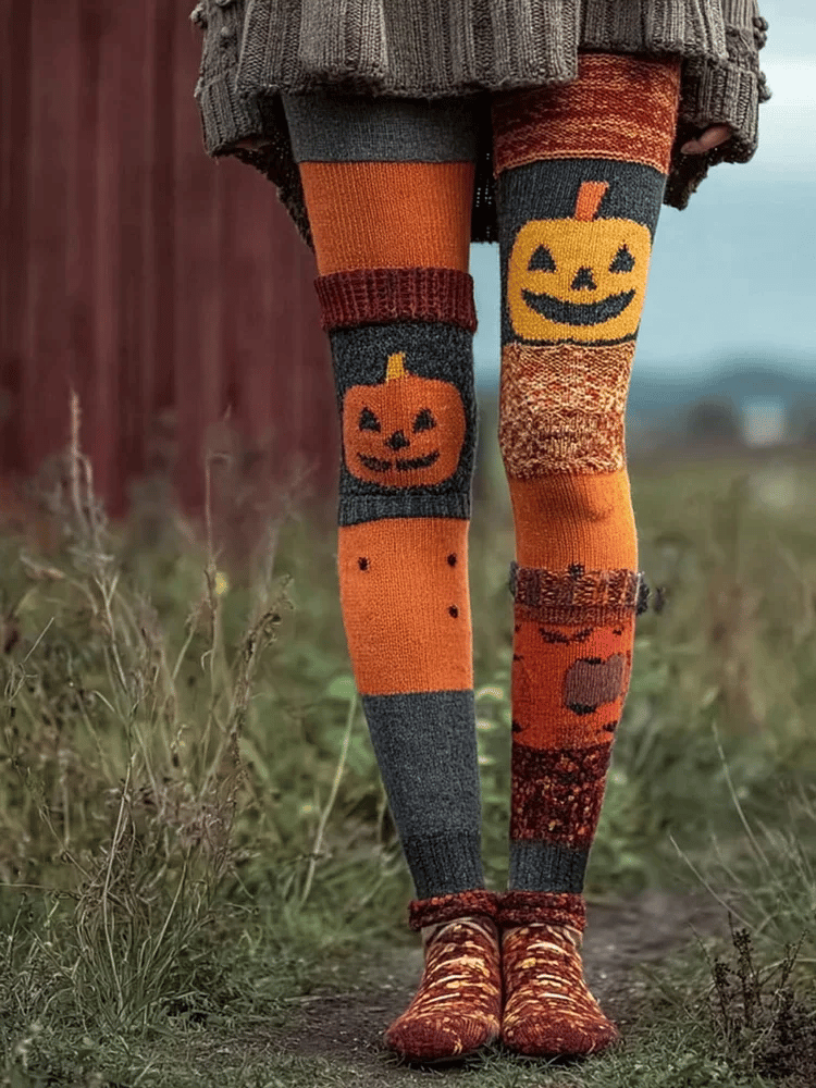Women's Halloween Pumpkin Face Art Comfortable Knitted Print Leggings