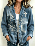 Women's Vintage-Style Casual Cardigan with Faux-Denim Faith Print