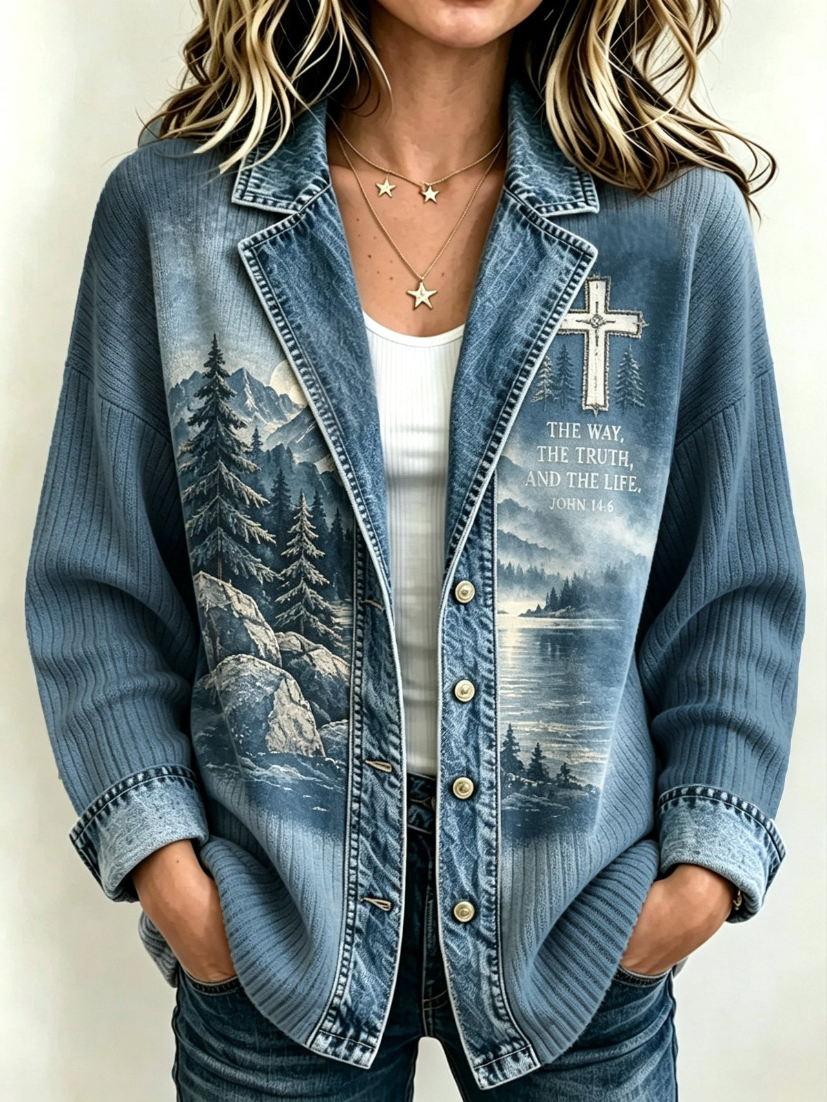Women's Vintage-Style Casual Cardigan with Faux-Denim Faith Print