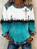 Women's Winter Forest Gradient Faith Cross Print Crew Neck Top