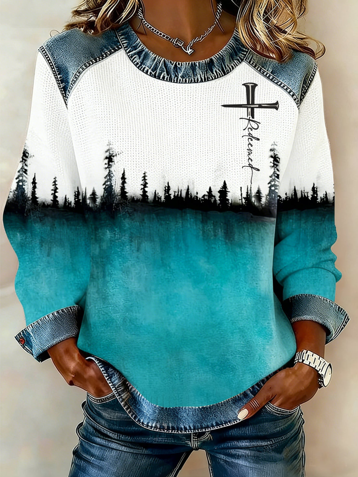 Women's Winter Forest Gradient Faith Cross Print Crew Neck Top