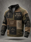 Men's Walk By Faith Christian Cross Faith Patchwork Print Casual Zipper Pullover