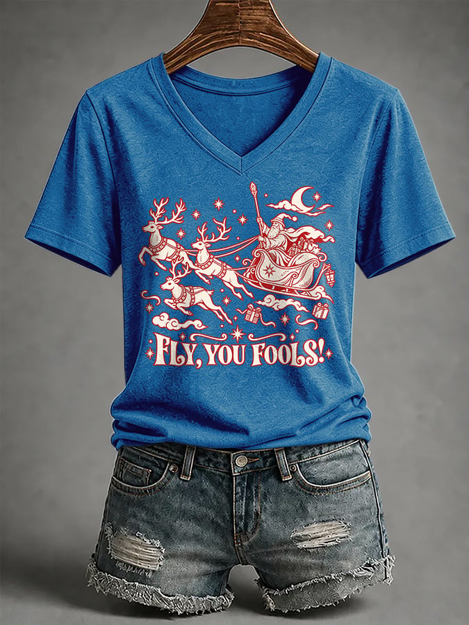V-Neck Retro Funny Christmas Fly You Fools Reindeer Holiday Season Print T-Shirt