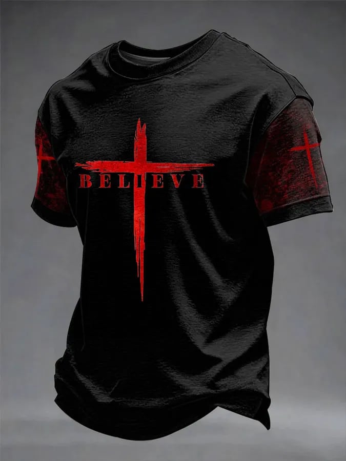 Men's Believe Faith Cross Print Casual T-shirt