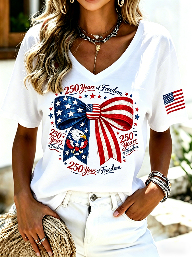 250 Years Of Freedom Eagle Bow Tie American Flag V Neck Tee