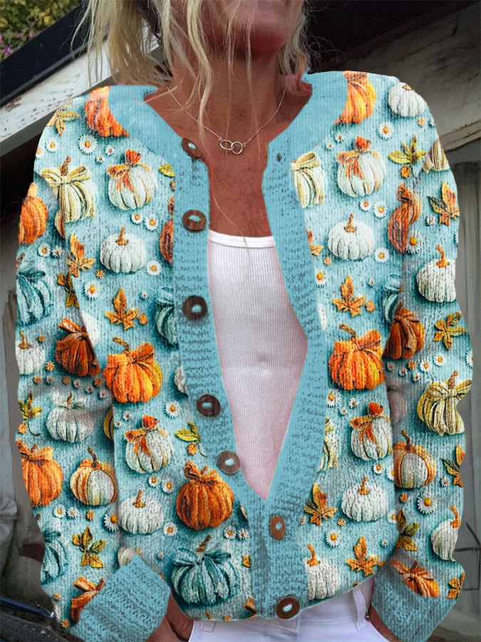 Women's Autumn Sweater Pumpkin Print Casual Cardigan