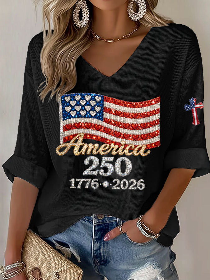 Women's American Flag Printed Casual Waffle Long Sleeve T-shirt