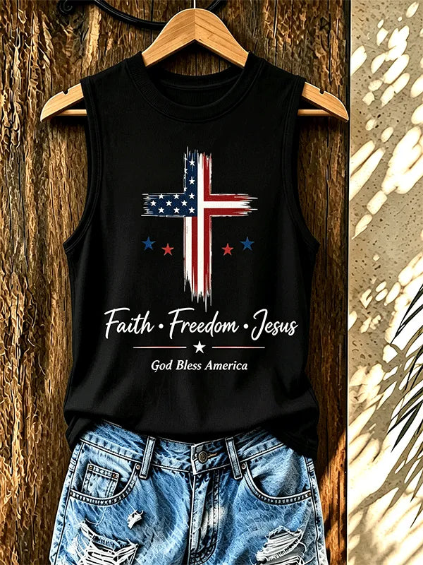 Women'S Faith Freedom Jesus Vintage American Flag Cross Tank Top