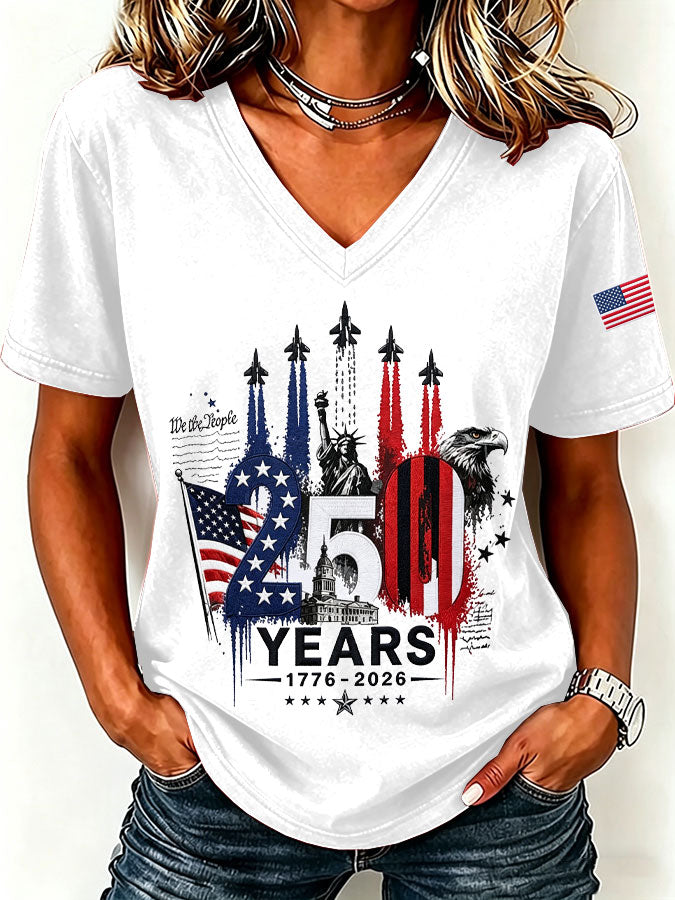 250Th Anniversary American Embroidery Commemorative V-Neck Short Sleeved T-Shirt